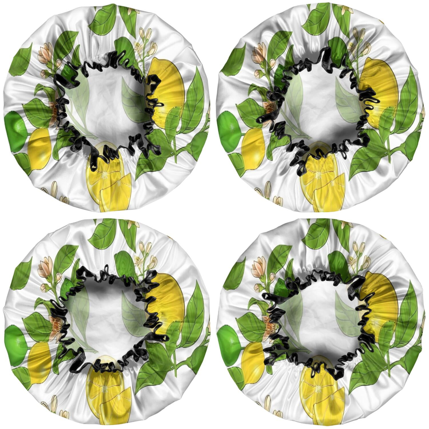 Shower Caps,Yellow Lemon Fruit Limes White Pattern Waterproof Shower Cap for Women 4 Pieces,Double Reusable Hair Cover for Shower PEVA Elastic Stretch Hem
