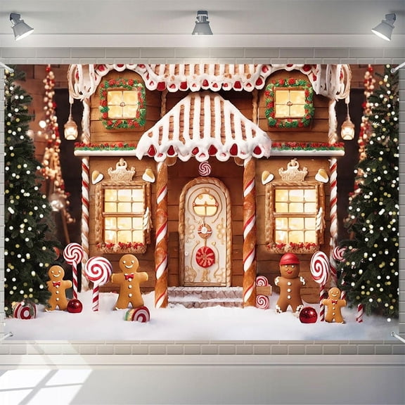 7x5ft Christmas Gingerbread House Backdrop Winter Snow Tree Photography Background for Kids Holiday Party Decorations
