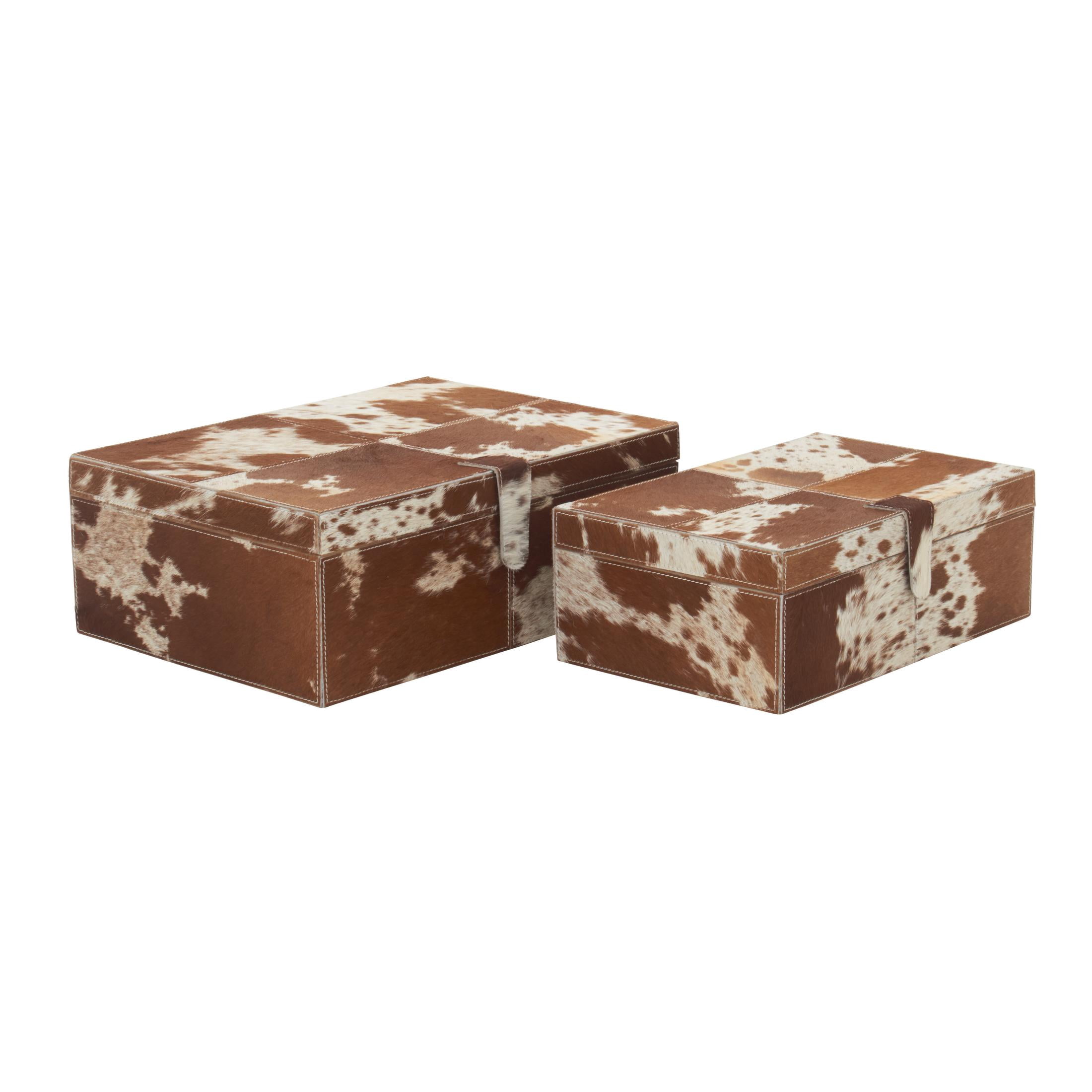 DecMode Handmade Cowhide Brown Leather Decorative Box with Snap Front Closure and Detailed Stitching, 2 Count