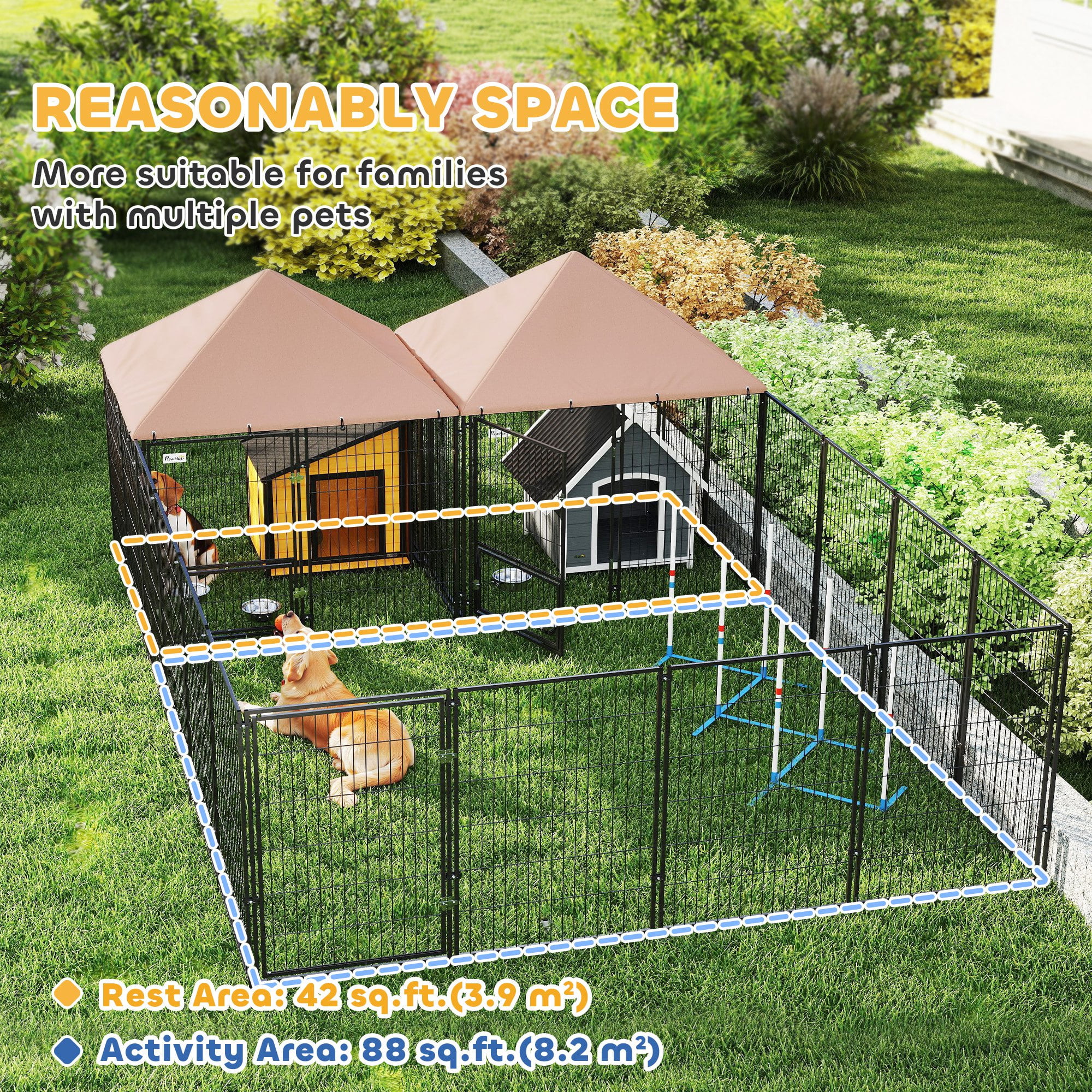 PawHut Dog Kennel Outside with 2 Rooms, Large Outdoor Dog Kennel with Rotating & Adjustable Height Bowls, 13.5' x 9.4' x 5.1'