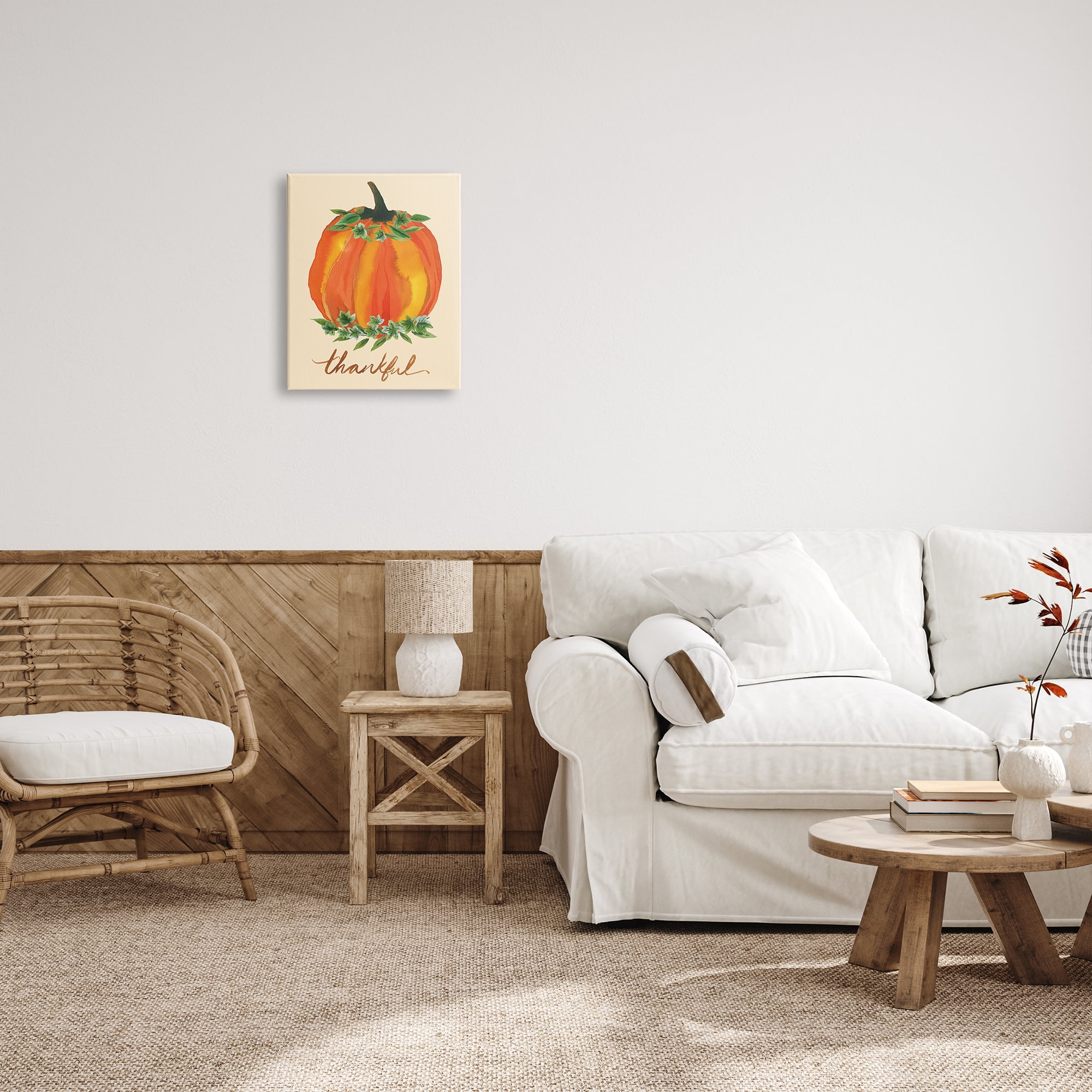 Stupell Industries Thankful Orange Pumpkin Leaf Botanicals Autumn Plants Graphic Art Gallery Wrapped Canvas Print Wall Art, Design by Heather McLaughlin