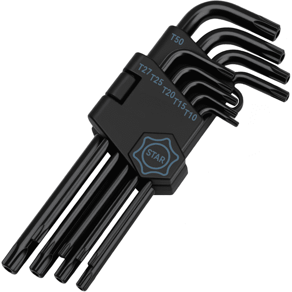 Torx Star Allen Wrench Set CR-V Steel 9 piece T10 to T50 Long Arm Star Key Set Ball End Black Oxide