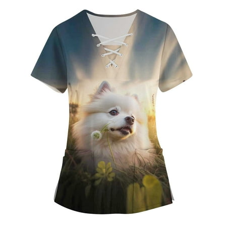 

QAZXD Womens 2023 Summer Scrub Tops V-Neck Graphic Prints Short Sleeve Pullover with Pockets White 4XL