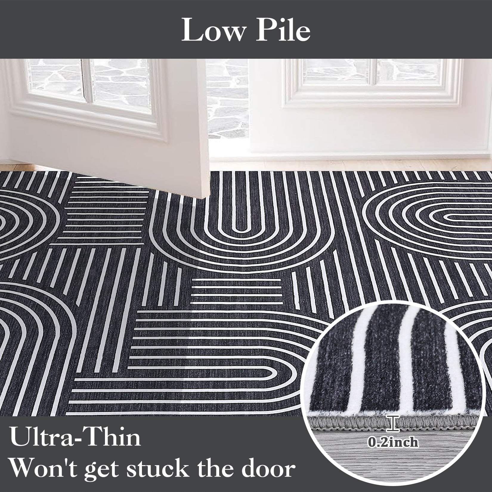 Hasoo Area Rug for Living Room 6' x 9' Washable Modern Geometric Rug with Black Rainbow Stripped Lines Home Decor Indoor Carpet
