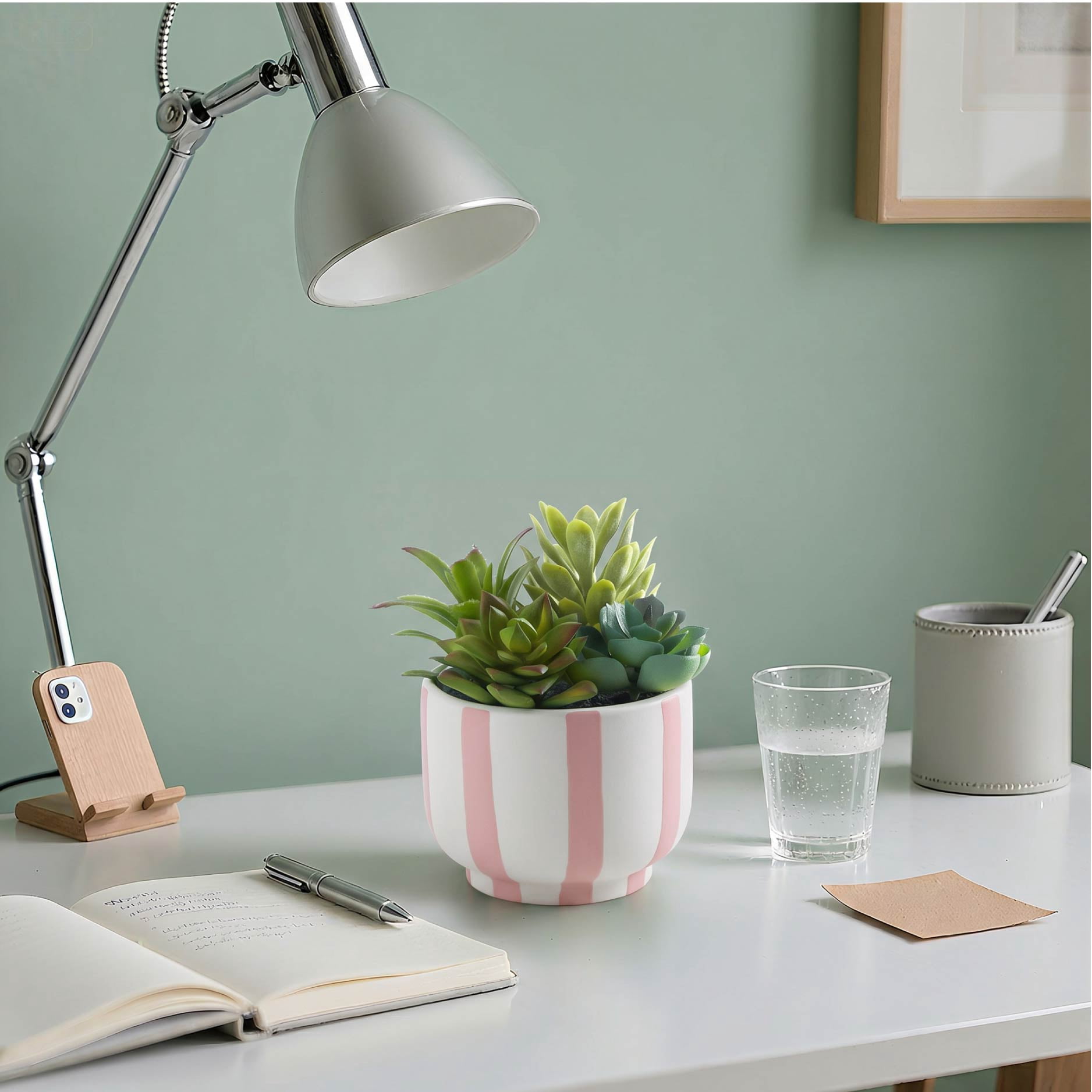 Mainstays Faux Succulent Plant in Pink and White Striped Ceramic Jar