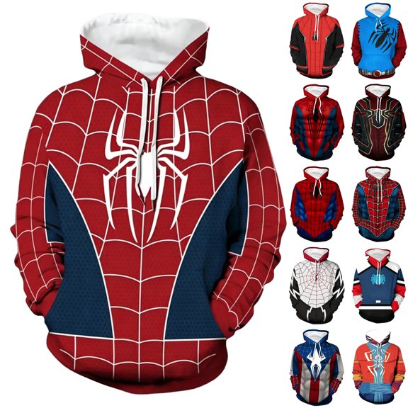 Hero Hoodies Pullover Spider Pattern Sweatshirts Superhero Long Sleeve Shirts with Pocket Casual Tops for Winter Red S