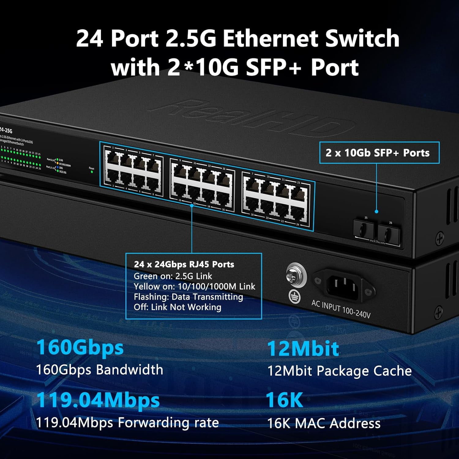 24 Port 2.5Gb Managed Ethernet Network Switch 24 x 2.5 Gigabit Base-T Port | 2 x 10G SFP+ | Compatible with 10-100-1000Mbps Devices | Fanless Quiet Metal Internet Switch | Rack Mount | 160G Bandwidth