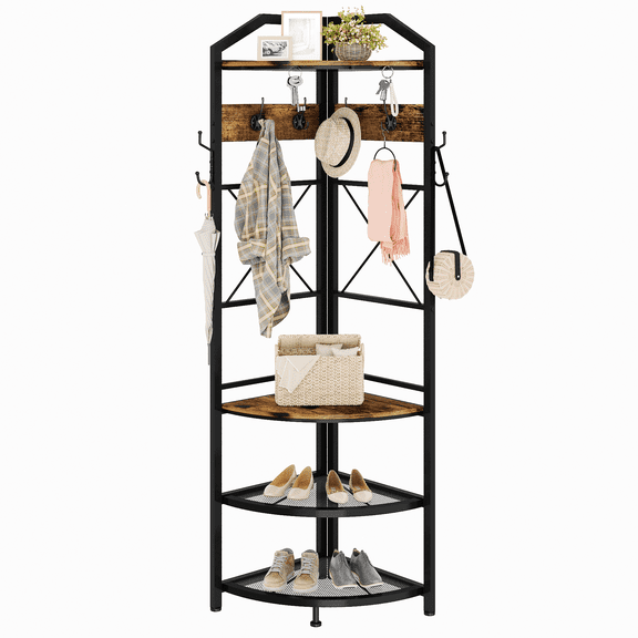 MIERES Corner Coat Rack with Storage, Entryway Hall Tree with Bench and 10 Metal Hooks, Freestanding Clothes Rack Shoes Shelf Organizer for Home Office Bedroom, Rustic Brown