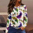 thumbnail image 2 of Mardi Gras Shirts for Women Sequins Feathers Print Crew Neck Tunic Tops Sparkly Long Sleeve Novelty T Shirts White S, 2 of 6
