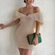 thumbnail image 2 of Vestido plisado con mangas de volantes de algodón Ropa de vacaciones ajustada de color sólido para mujer FLhrweasw Nuevo, 2 of 9