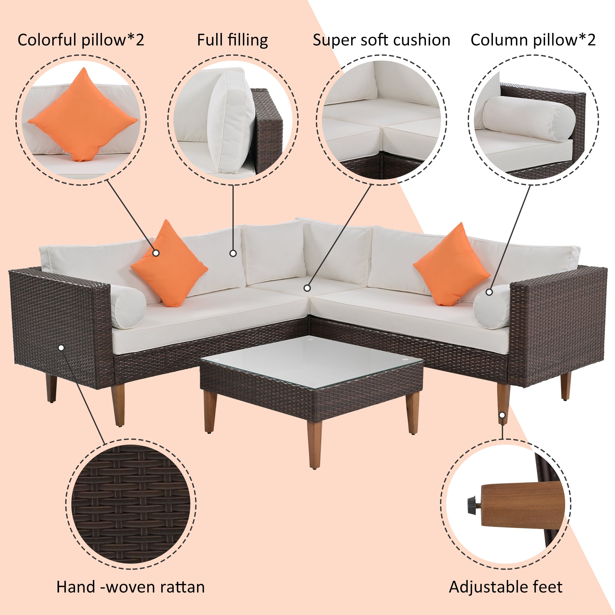 4-Pieces Outdoor Wicker Sofa Set with Coffee Table, L-Shape Patio Furniture with Colorful Pillows, White Cushions and Brown Rattan, Weather-Resistant for Garden, Balcony, Backyard