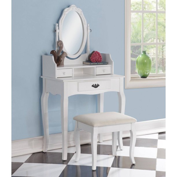Roundhill Ribbon Wood Make Up Vanity Table And Stool Set White Walmart Com Walmart Com