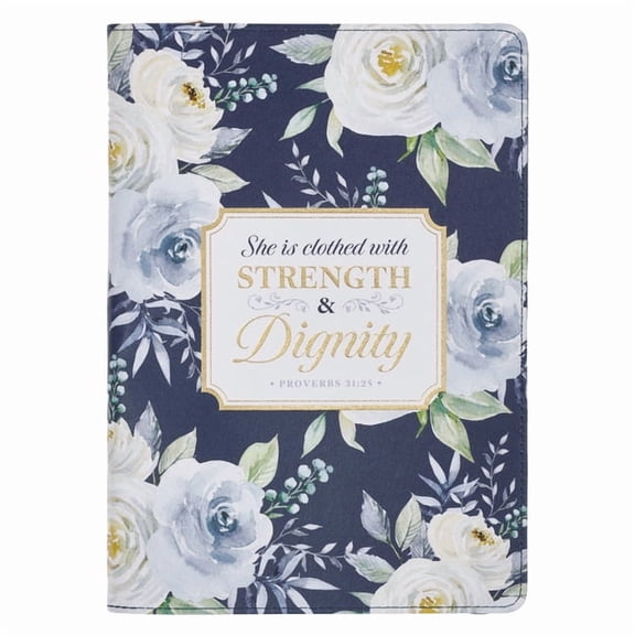 Christian Art Gifts Blue Vegan Leather Zipped Journal, Inspirational Women's Notebook Floral Strength & Dignity Scriptur, (Hardcover)