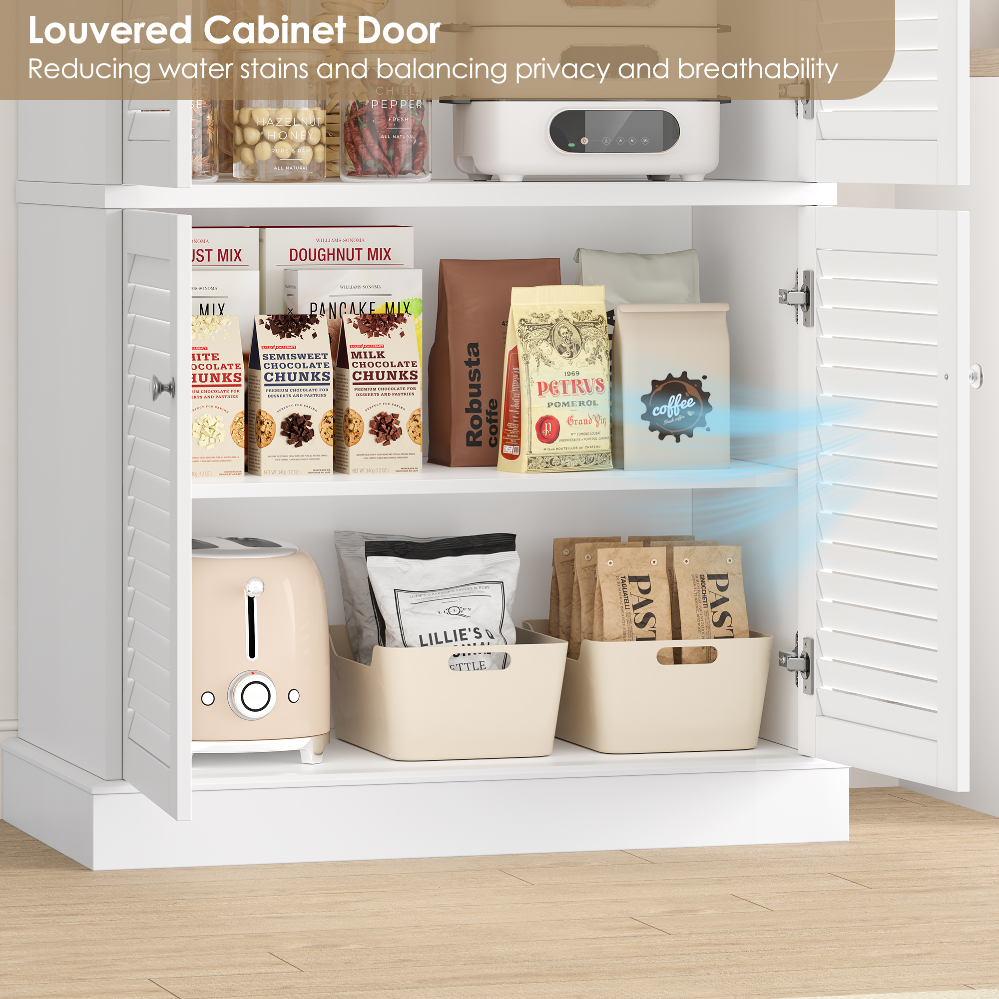 Homfa 70.9'' Tall Kitchen Pantry with Adjustable Shelf, Coastal 4 Louvered Doors Pantry Storage Cabinet for Dining Room, White
