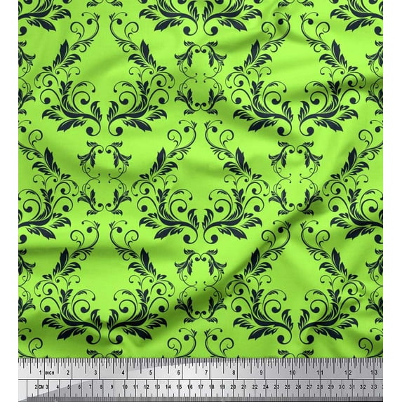 Soimoi Green Moss Georgette Fabric Filigree Damask Printed Craft Fabric by the Yard 42 Inch Wide