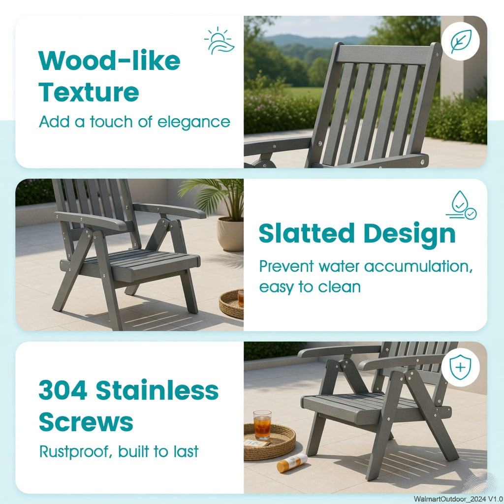 Hommoo Foldable HDPE Outdoor Patio Dining Chair with Armrests, Weatherproof, Rust-Resistant, Space-Saving Chair for Deck, Porch & Balcony, Gray