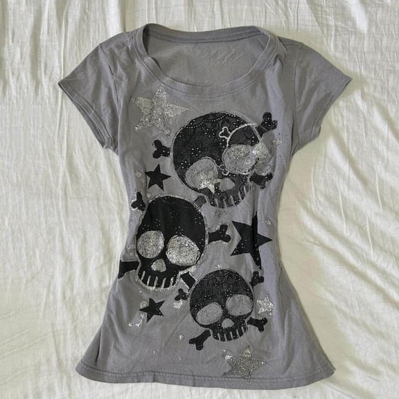 Womens Tops Y2K Emo Grunge Skull Star Shirts Women Harajuku Tee Tops (Grey L/3)