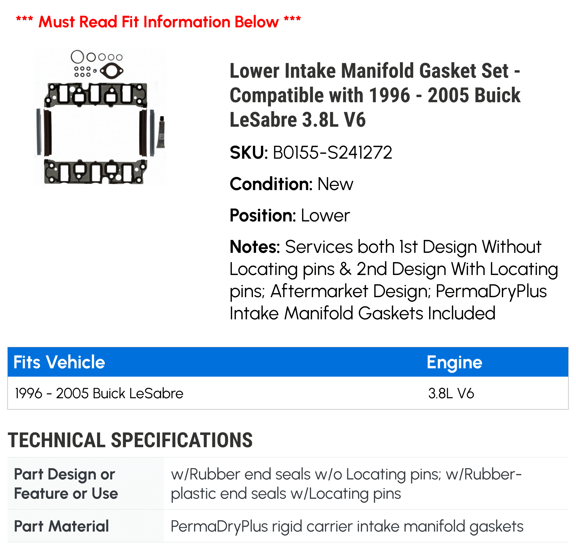 Lower Intake Manifold Gasket Set - Compatible with 1996 - 2005 Buick LeSabre 3.8L V6 1997 1998 1999 2000 2001 2002 2003 2004