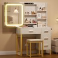 thumbnail image 1 of Cherish Vanity Desk with Mirror and Lights, Makeup Vanity Desk with Sliding LED Lighted Mirror, Power Outlet, Makeup Vanity Set with 4 Drawers, Storage Shelves, Cushioned Stool for Bedroom, 1 of 9