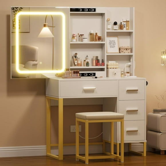 Cherish Vanity Desk with Mirror and Lights, Makeup Vanity Desk with Sliding LED Lighted Mirror, Power Outlet, Makeup Vanity Set with 4 Drawers, Storage Shelves, Cushioned Stool for Bedroom
