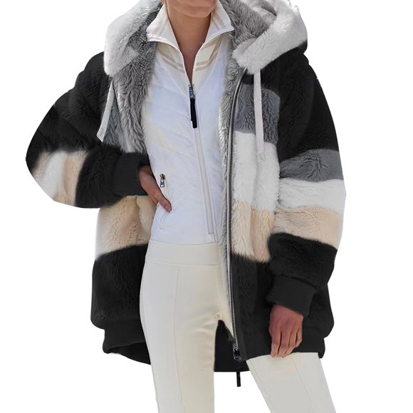 Veste en Polaire à Capuche pour Femmes, Manteau en Peluche Chaud Automne Hiver avec Poches (L)