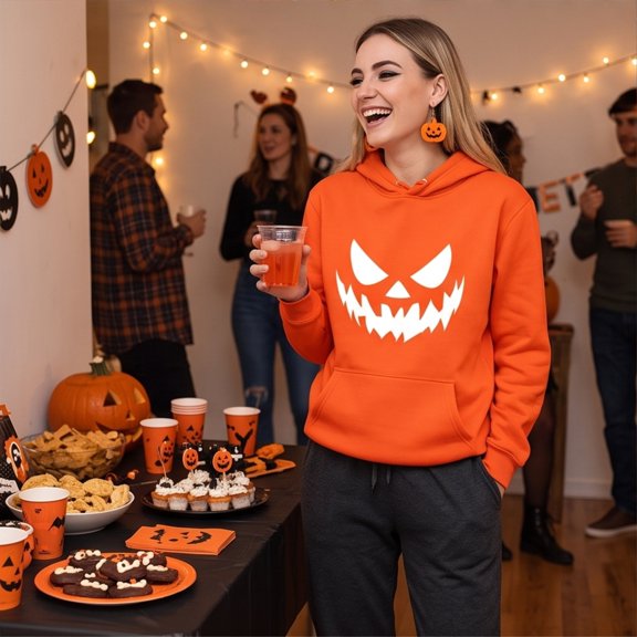 Domuza Halloween Pumpkin Face Print Hoodie for Men Women, Fashion Vintage Long Sleeve Pullover Sweatshirt, Drawstring Hood with Kangaroo Pocket