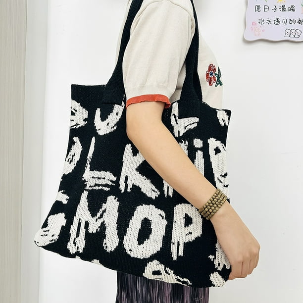 Bolso de compras de ganchillo para mujer, bolso de punto estético de Color contrastante, bolso diario para mujer