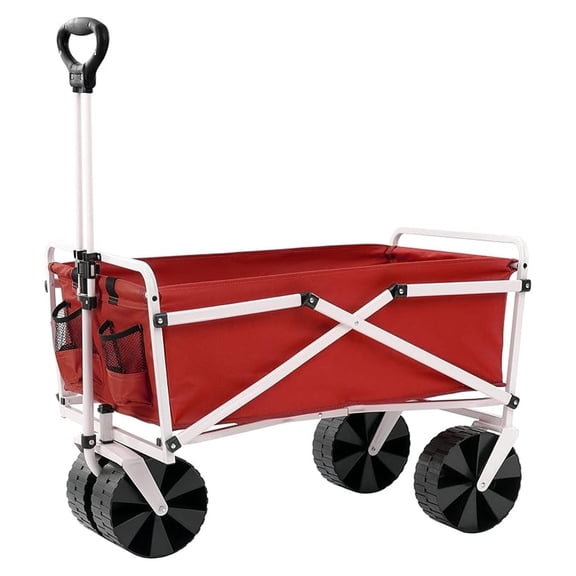 Folding Beach Wagon - Collapsible Cart with Wheels - Heavy Duty Utility Wagon - Outdoor Beach Cart - Shopping Basket - Red