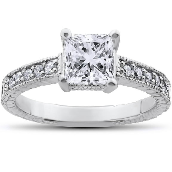 Pompeii 1 1/4Ct Diamond Princess Cut Engagement Ring Vintage White Gold Lab Grown (FG,VS)