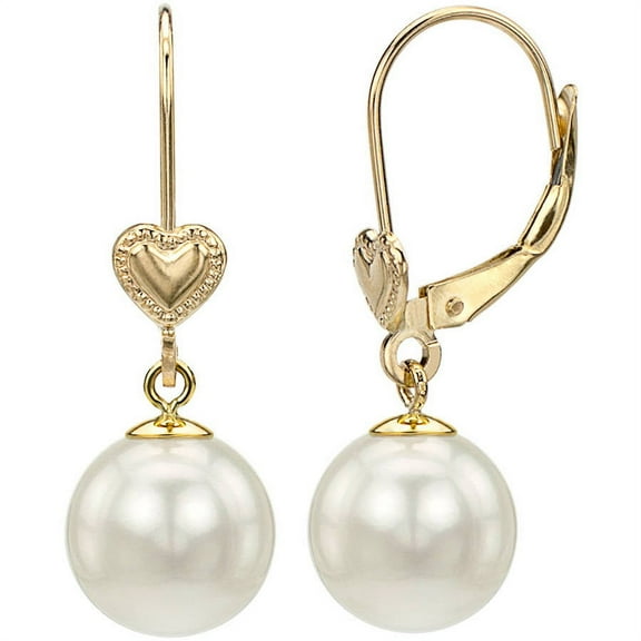 ADDURN 9-10mm White Round Cultured Pearl and 14kt Yellow Gold Heart Earrings with Leverback Closer