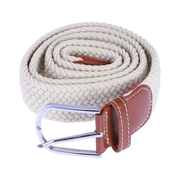 Universal Braided Stretch Belt Casual Fabric Woven Weave Elastic Belt for Men and Women with PU Leather Loop and End Tip (Beige)