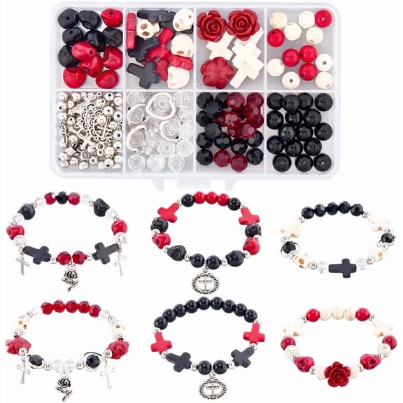 1 Box DIY 6 Sets Bracelet Making Kit Beads Beads Black Red Stone Crosses Charms Glass Spacers for Jewelry Making Kits Crafts Gift Women Adults Supplies
