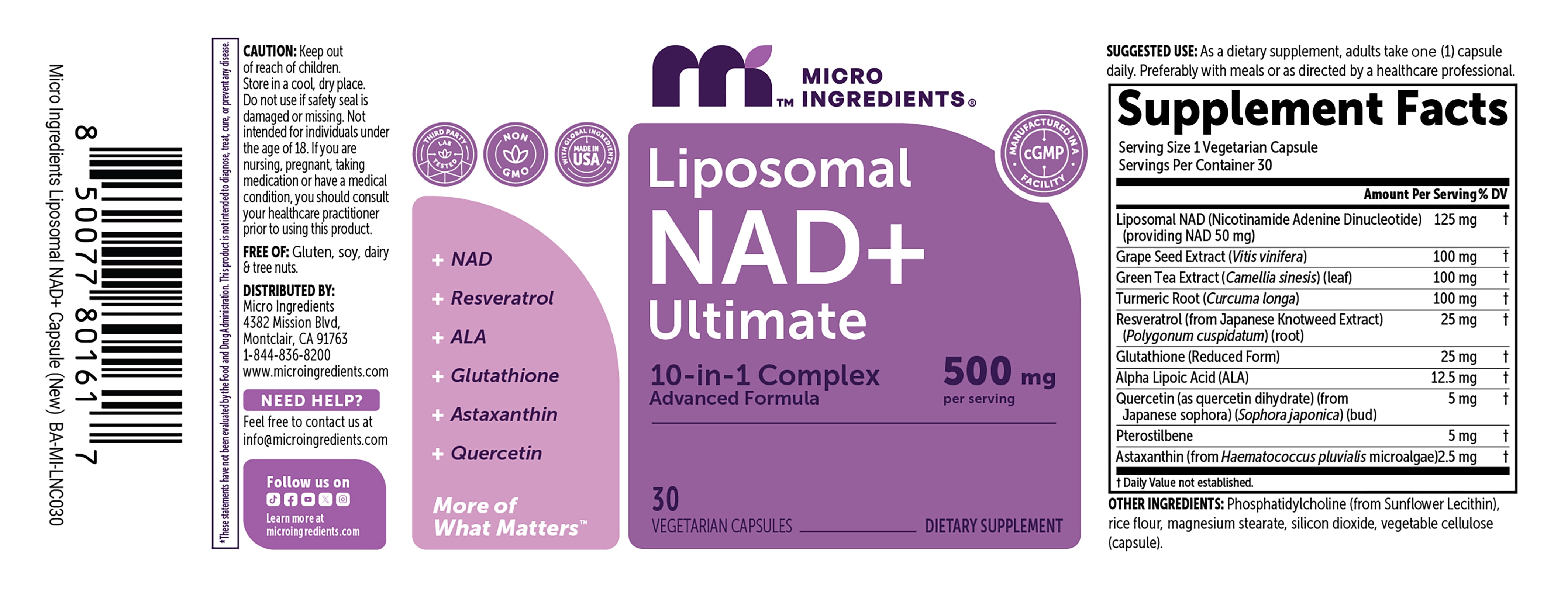 Micro Ingredients NAD+ Liposomal Supplement 500mg Capsules with NMN, Resveratrol, Glutathione & Astaxanthin, for Men & Women, 30 Count