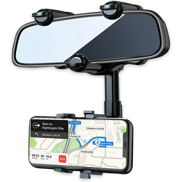 Support de Téléphone Rétroviseur pour Voiture, Support de Téléphone Rétroviseur Rotatif à 360 ° avec Longueur de Bras Réglable, Téléphone Multifonction et Support GPS Universel pour Tous les Smartphones