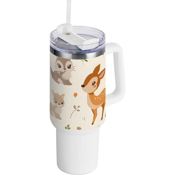 SKYSONIC 40oz Tumbler with Handle and Straw-Double Wall Vacuum Reusable Stainless Steel Insulated Water Bottle Mothers Day GiftsBaby Animals Cute Deer