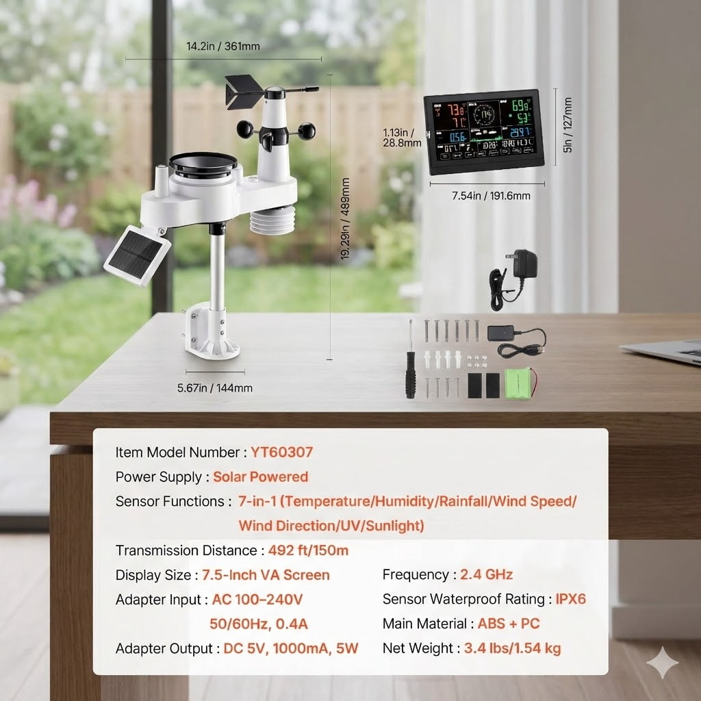 7-in-1 Wi-Fi Weather Station with APP, 7.5-Inch VA Display, Wireless Solar Powered Outdoor Sensor, Rain Gauge, Indoor Outdoor for Weather Forecast, Wind Speed, Temperature, Humidity, Rainfall