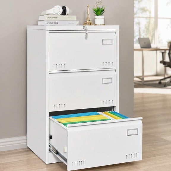 3-Drawer White Metal Filing Cabinet with Lock for Legal, Letter, A4 & F4 Documents – Secure Lateral Storage for Home Office