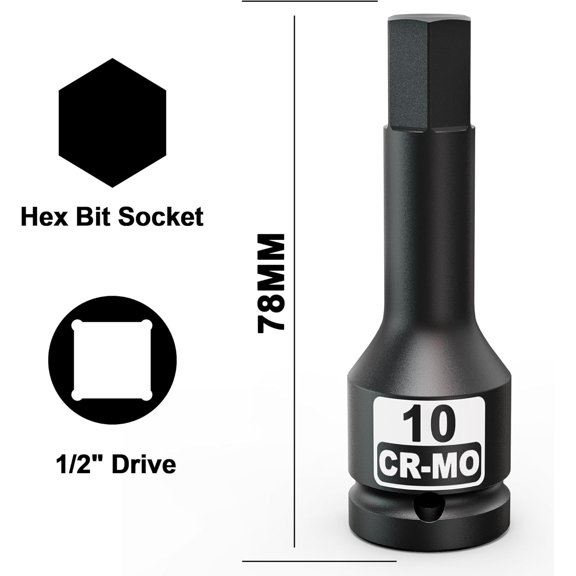 GHRTGR-1/2-Inch Drive 10 mm Hex Impact Bit Socket, H10 Allen Bit Socket, Metric, Premium Cr-Mo Steel, for Automotive or Electrical Work