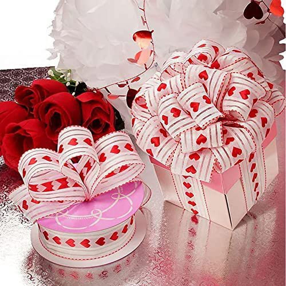 White Striped Hearts Valentine Ribbon – 1 1/2” x 25 Yards, Wired Edge, Red  Hearts, Christmas, Wreath, Wedding, Gift Basket, Gift Wrap, Bows