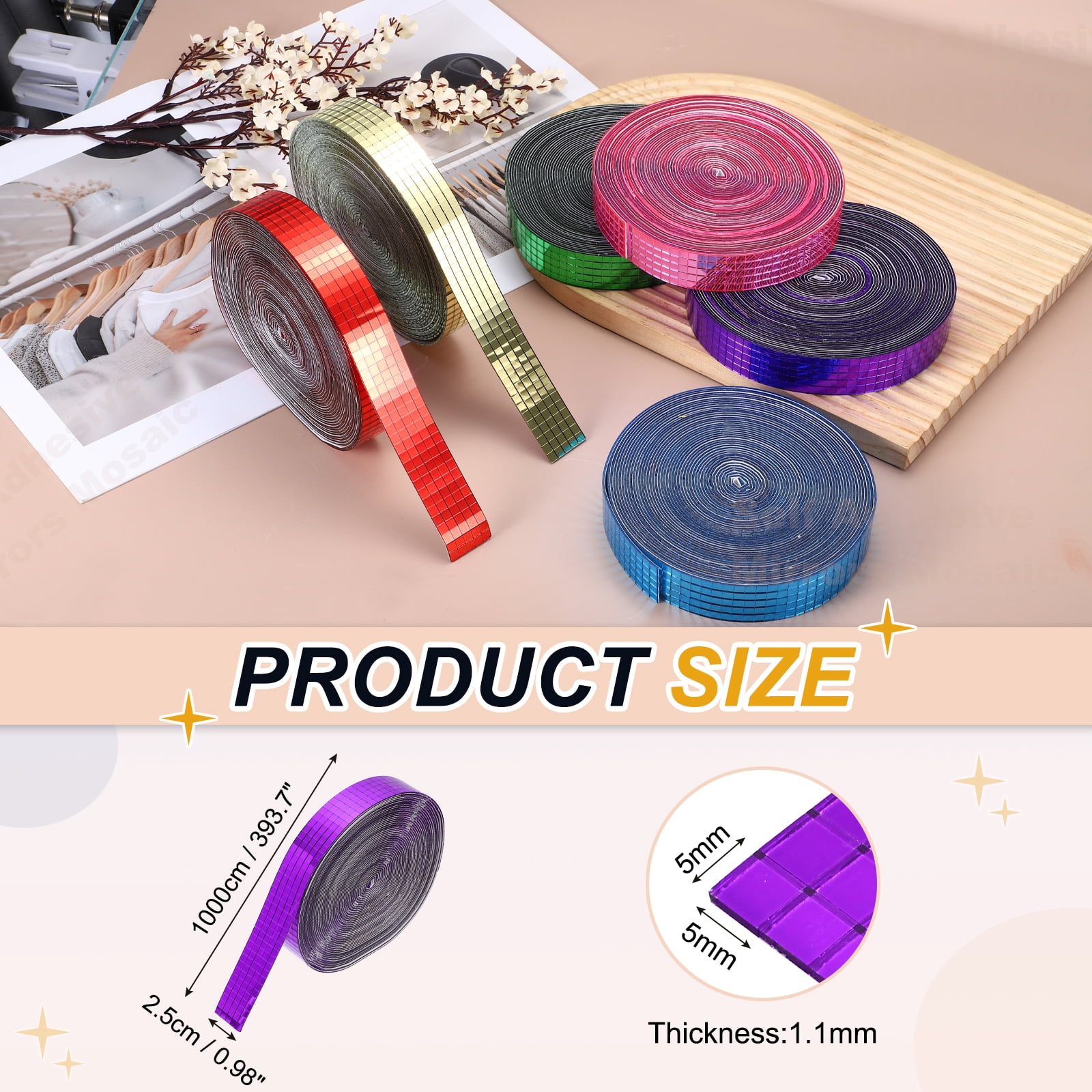 Uxcell 5x5mm Self Adhesive Mirrors Mosaic Tiles, 10000 Pcs Square Mini Glass Mosaic Disco Tile Sticker for DIY Craft Disco Ball Party Decoration, Purple