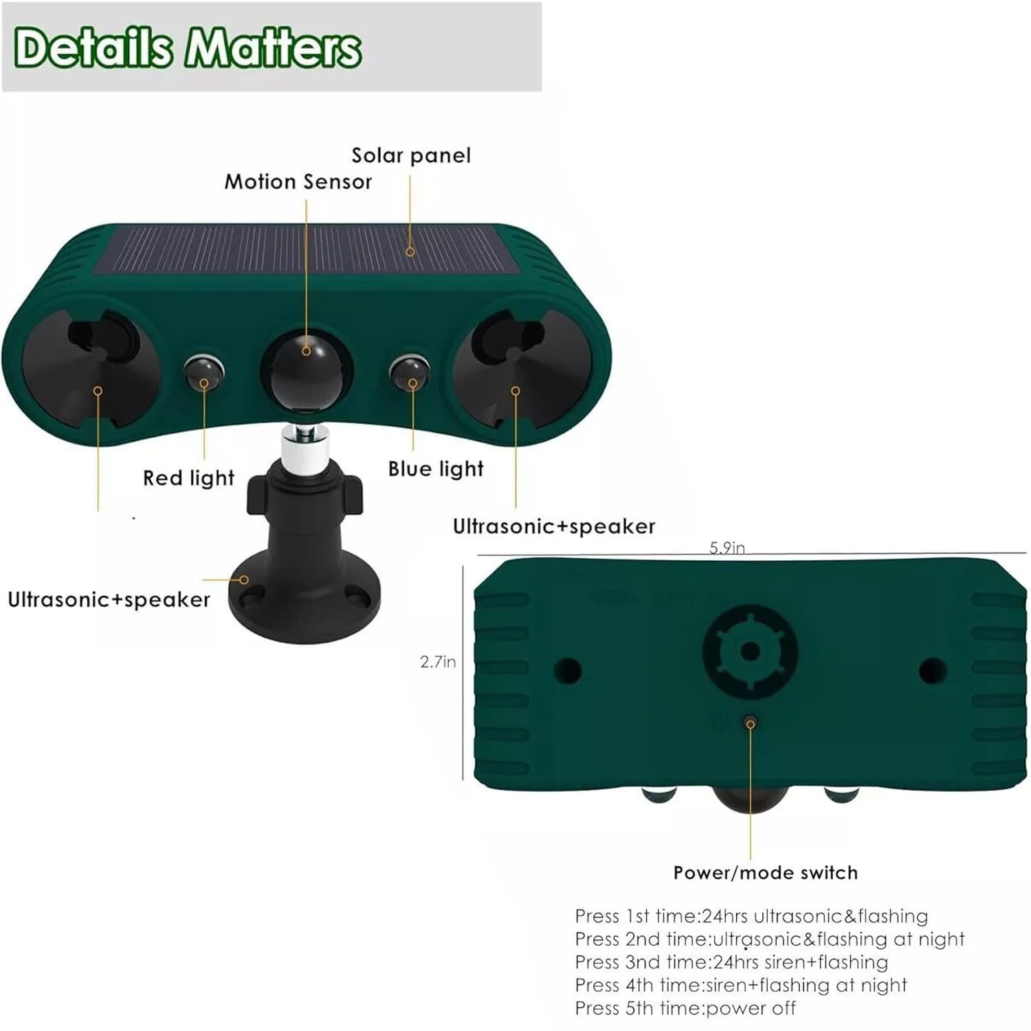 COSTYLE Solar Outdoor Motion Sensor Alarm, 2*130db Loud Siren Noise Maker, 4 Modes, Mount on Ground or Fence, Red&Blue Motion Activated Strobe Light