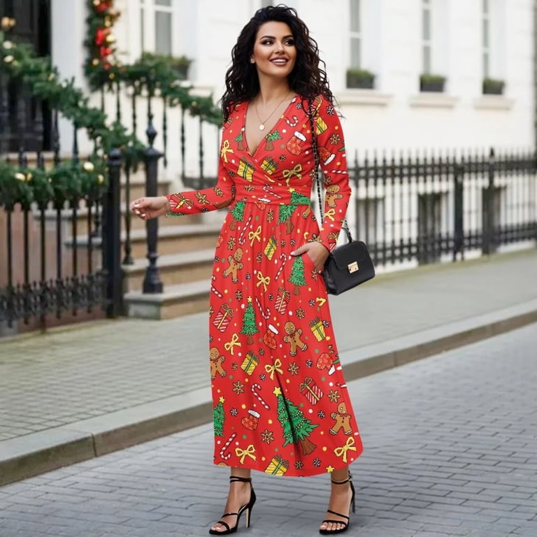 Fkelyi Christmas Tree Gingerbread Man Print Womens Fall Maxi Dress V-Neck Long Sleeve Casual Dress with Pocket A-Line Flowy Tiered Dresses for SSpring Fkelyi Christmas Tree Gingerbread Man Print Womens Fall Maxi Dress V-Neck Long Sleeve Casual Dress with Pocket A-Line Flowy Tiered Dresses for SSpring