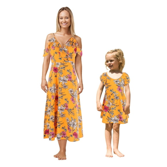 TopLLC Mommy and Me Dresses Summer Floral Hawaiian Dresses Print Cold Shoulder Ruffle Spaghetti Straps V-neck Beach Midi Dress Parent-Child Wear Dress