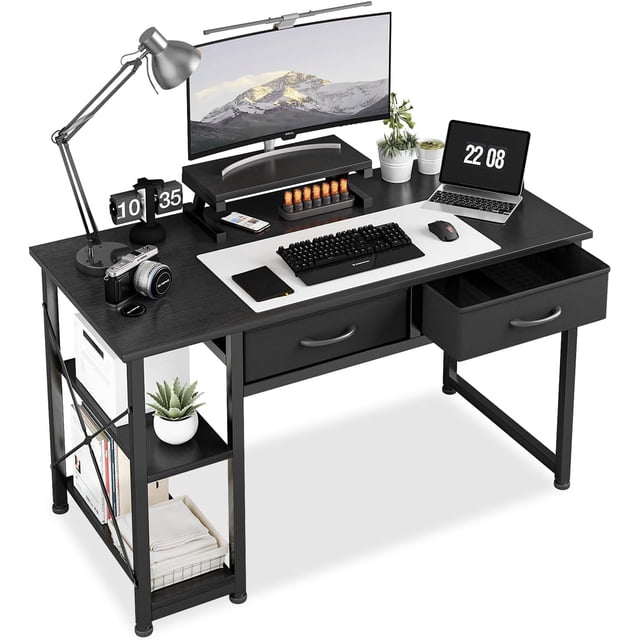 Escritorio pequeño y moderno para ordenador, mueble tocador con cajones y estantes de almacenamiento en negro