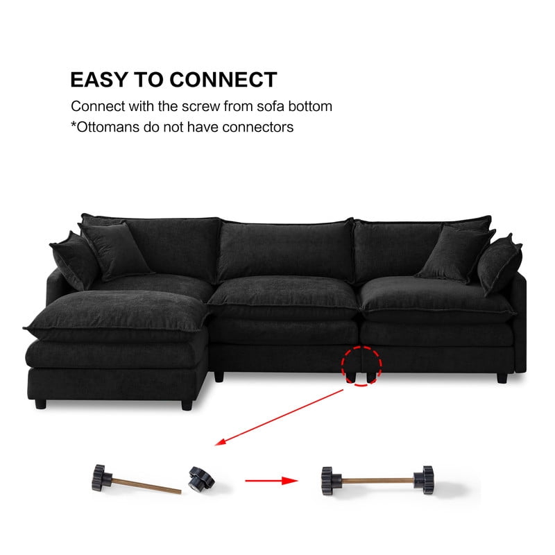 105" Modular Sectional Couch, 3-Seater Soft Chenille L-Shaped Sofa with Ottoman, Upholstery Sofa Couch with Pocket Coil & High-Density Foam for Living Room