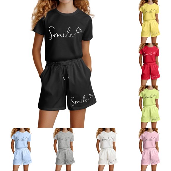 ZXLBBD Girls' Children Kids Summer Casual Short Sleeve Letter Graphic Tee Shirts Top Shorts Set with Pockets Fashion Casual Outdoor Clothing Sets,Black,Size 7 Y-8 Y