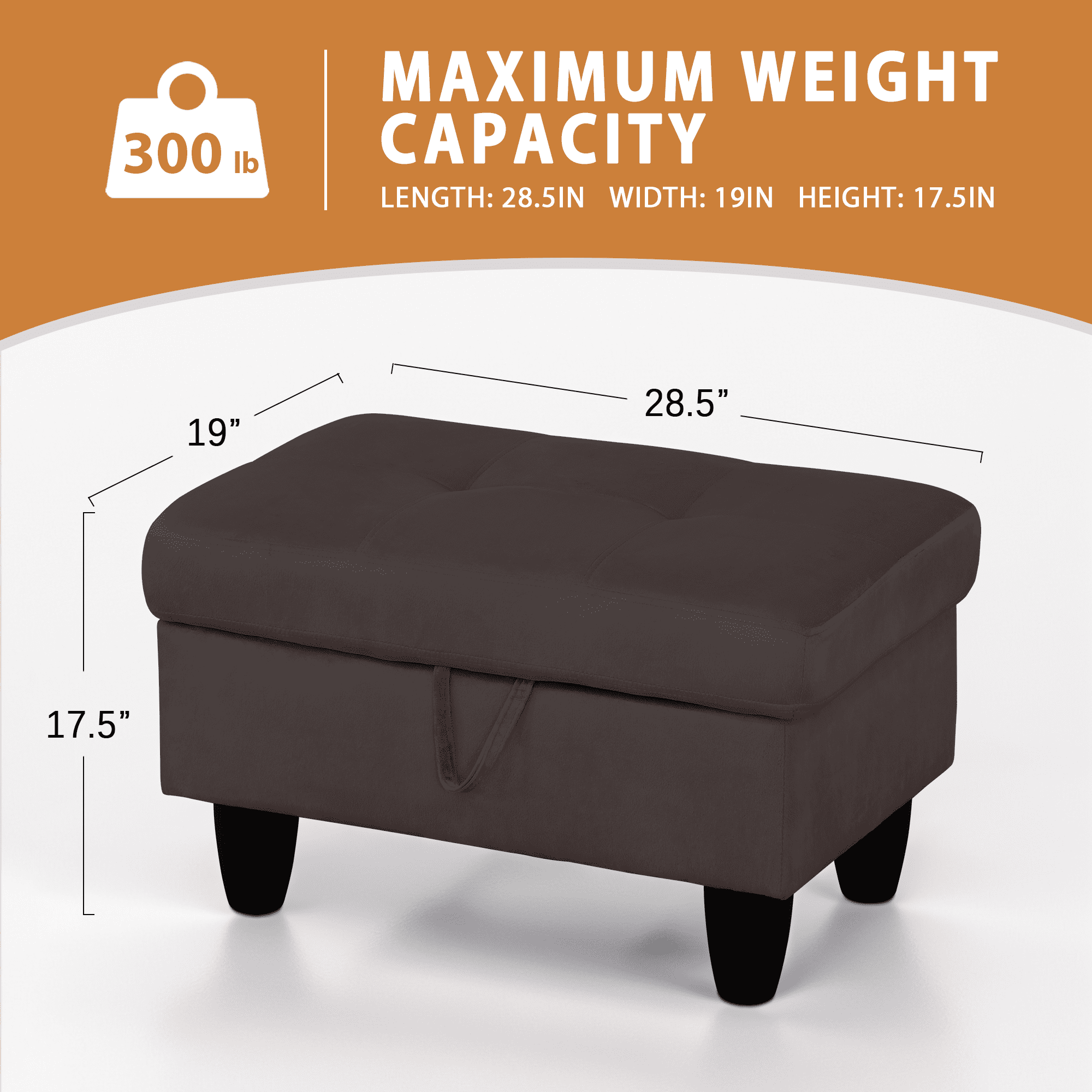 WRTEYEUI Ottoman Rectangular Storage Ottoman Bench, Flannel Footrest Stool Footstool with Lid for Living Room, Bedroom, Entryway, Dark Coffee, 28.5"x19"x17.5"