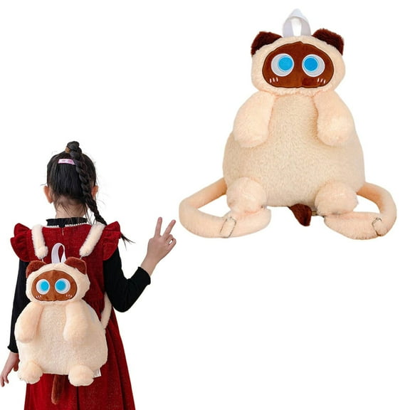 Siamese Cat Backpack, Off-White|Plush Stuffed Cat Animal Backpack Shoulder Bag Crossbody With Adjustable Straps
