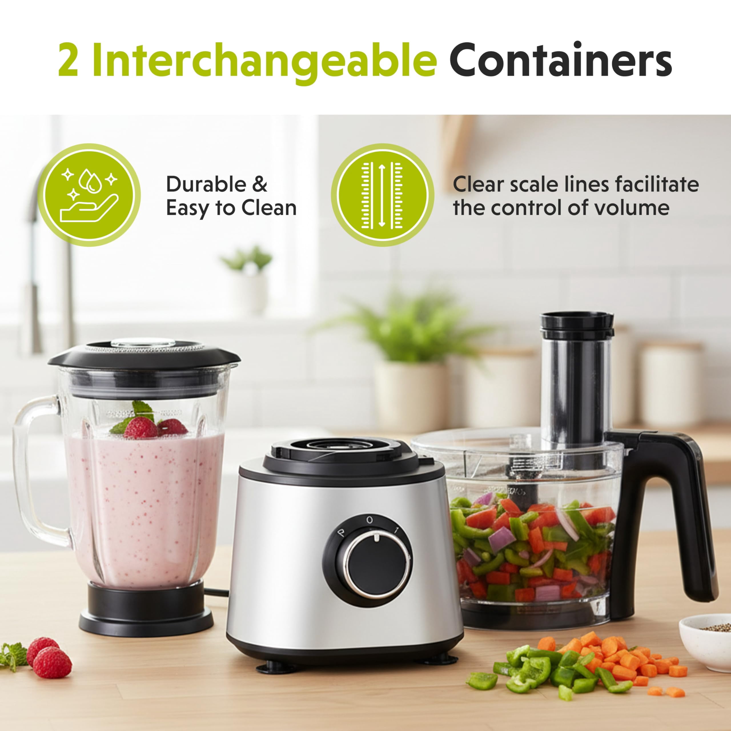 Plum Chef 6-Cup Food Processor Blender Combo, 1.5L Glass Jar Electric Food Chopper with 8 Attachments for Slicing, Dough, and Mincing, 2 Speeds & Pulse, Silver