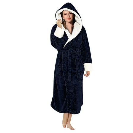 

Cara Lady Women s Autumn And Winter Long-Sleeved Plush Hooded Solid Color Loose Nightgown Navy / XXXXL